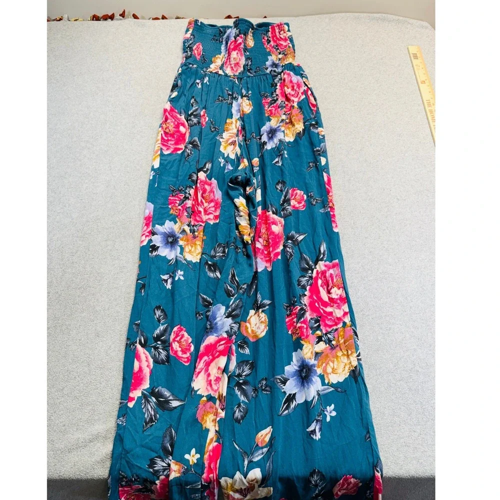 Heart Of Gypsy Jumpsuit Womens Large Teal Blue Floral Strapless Wide‎ Leg Boho